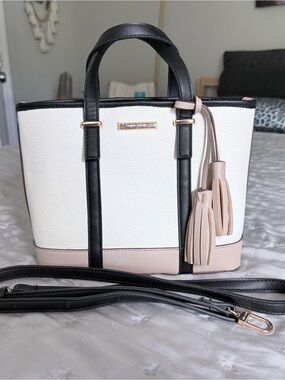 Anne Klein Colorblock Pebbled Tote in Black, White, Cream